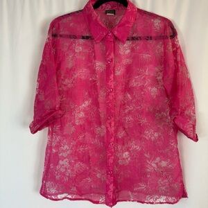 Salon Studio Pink Vintage barbie pink floral seethrough button down Size: S